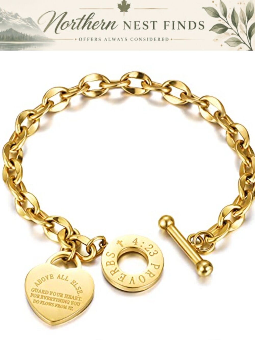Stainless Steel Heart Charm Bracelet with Bible Verse Engraved